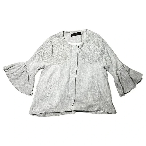 Zara Embroidered Wool Swing Jacket Size Small Zip Front Bell Sleeve Collarless - Picture 1 of 7